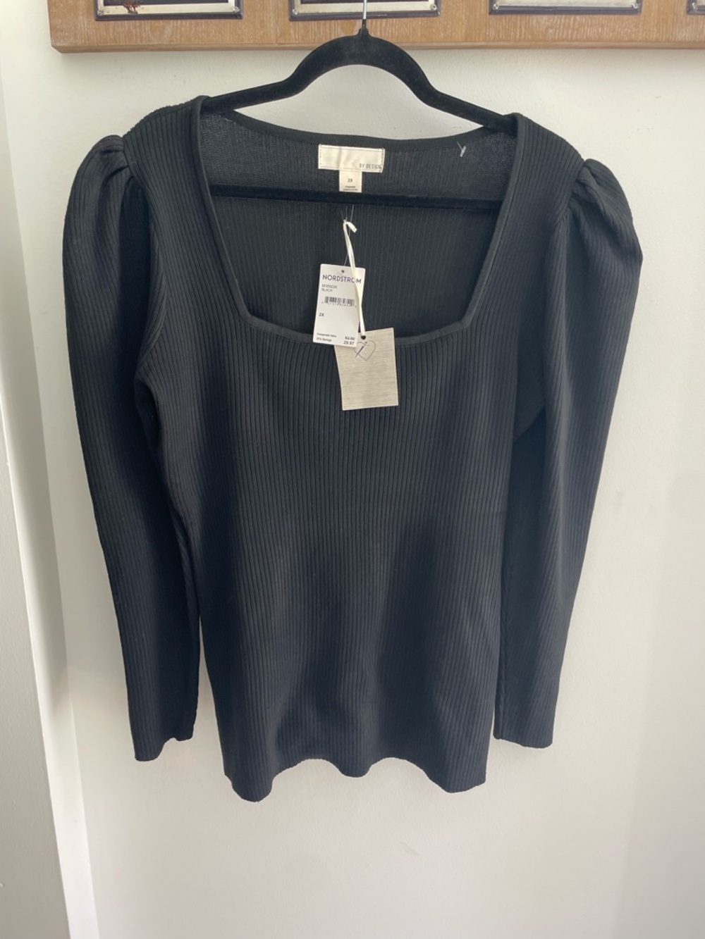 Nordstrom Black Ribbed Square Neck Long Sleeve Top
